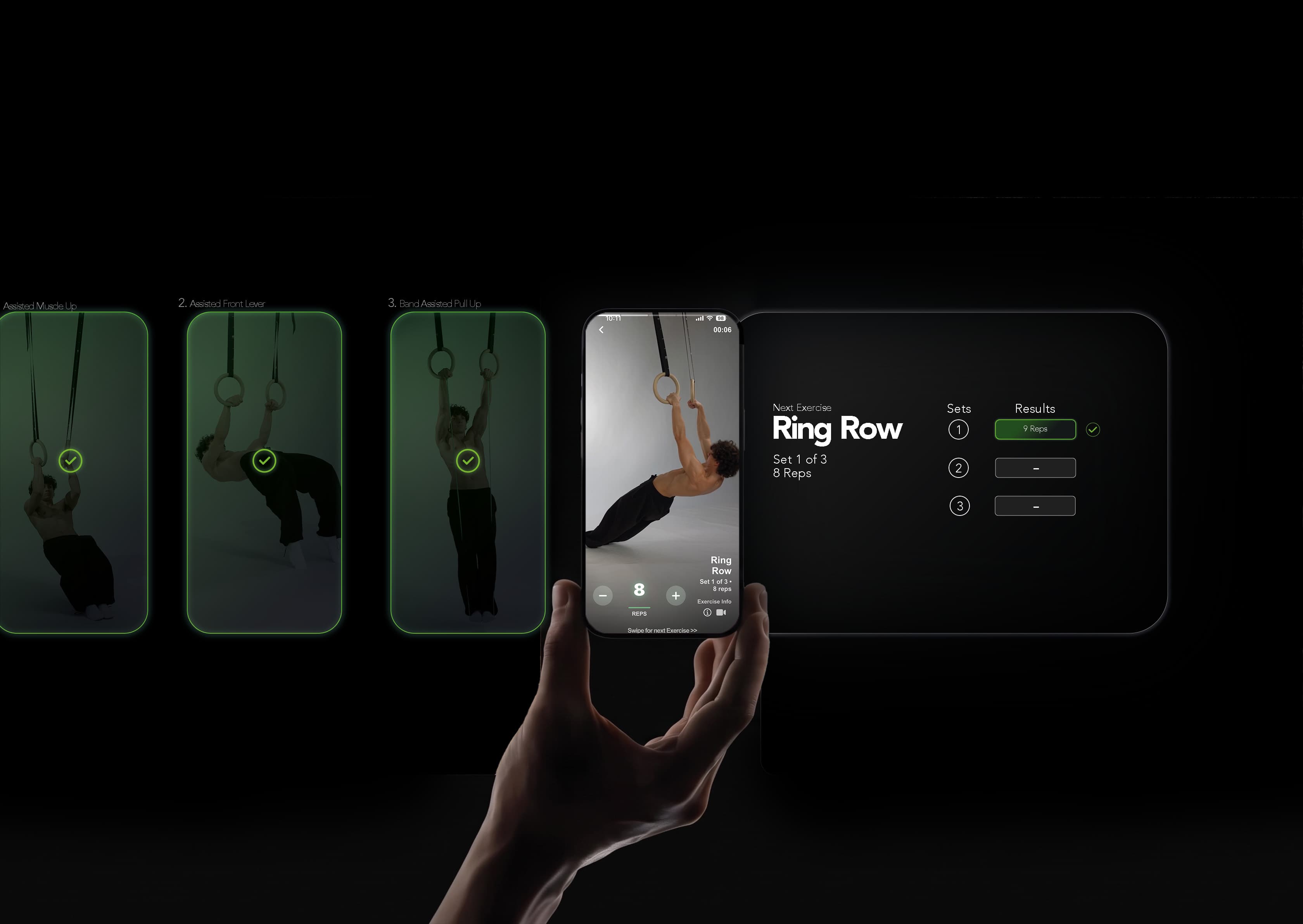 RingsX workout preview showing ring exercises, rep tracking, and set progress on a phone